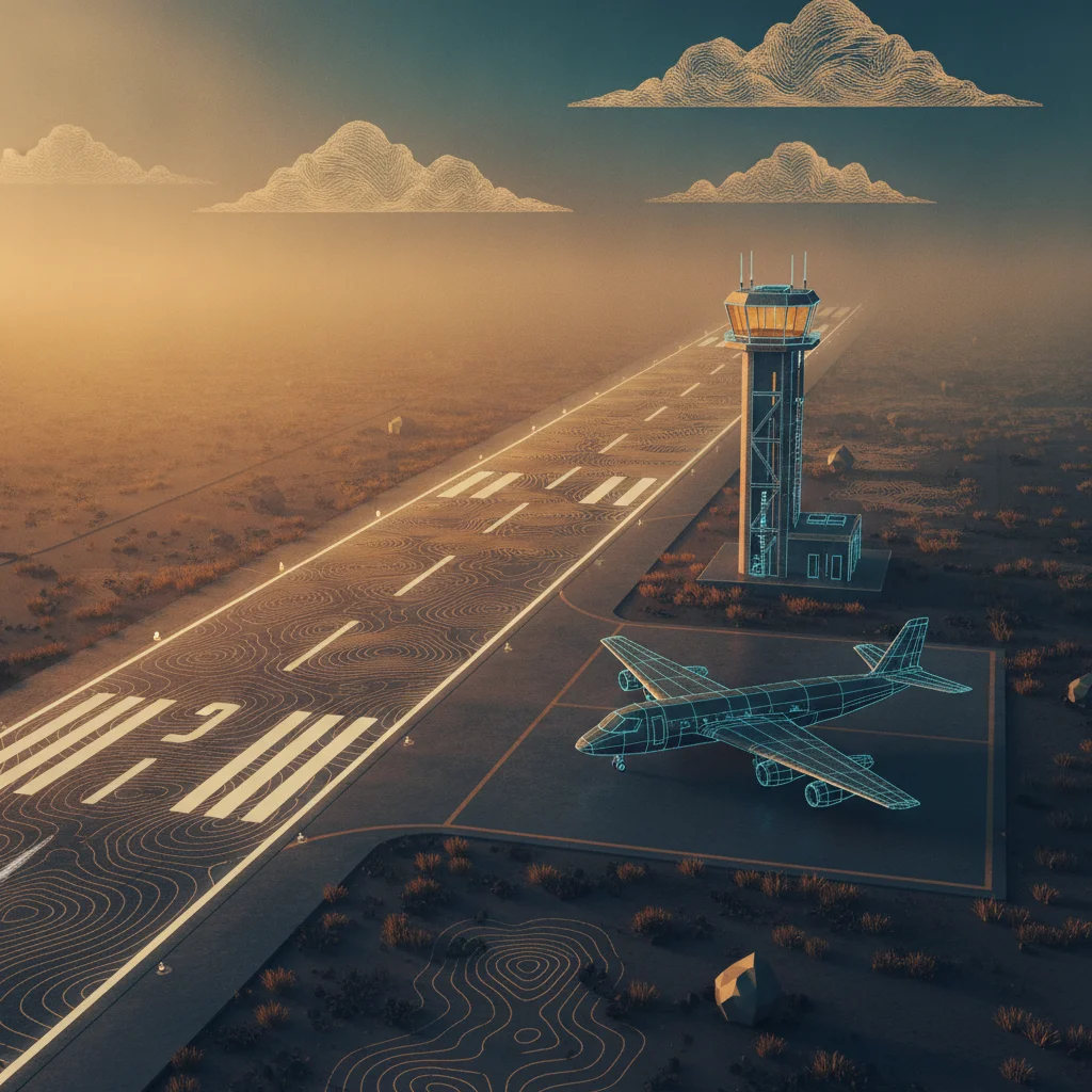 Aérodrome avec piste, tour de contrôle et avion